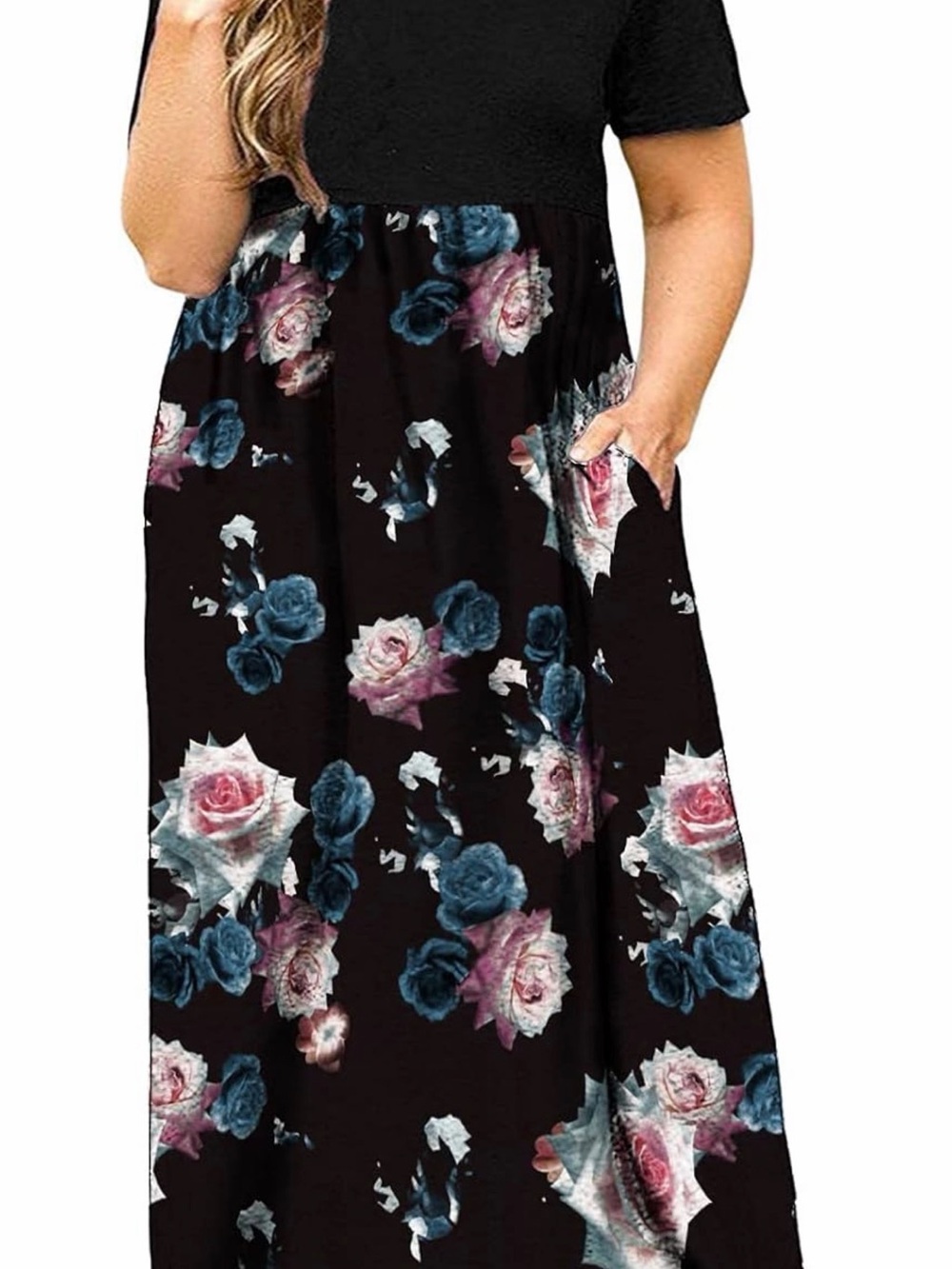 Floral Print Maxi Skirt - Black with Pink & Blue Roses